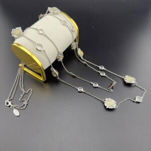 Vintage ANN TAYLOR Signed Long Chain Necklace Multi Color Crystal Station Silver